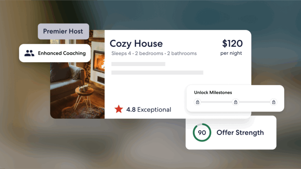 A “Cozy House” rental priced at $120 per night. The listing has a 4.8-star “Exceptional” rating, “Premier Host” and “Enhanced Coaching” labels, an Offer Strength Score of 90, and a progress tracker labeled “Unlock Milestones” with locked icons.