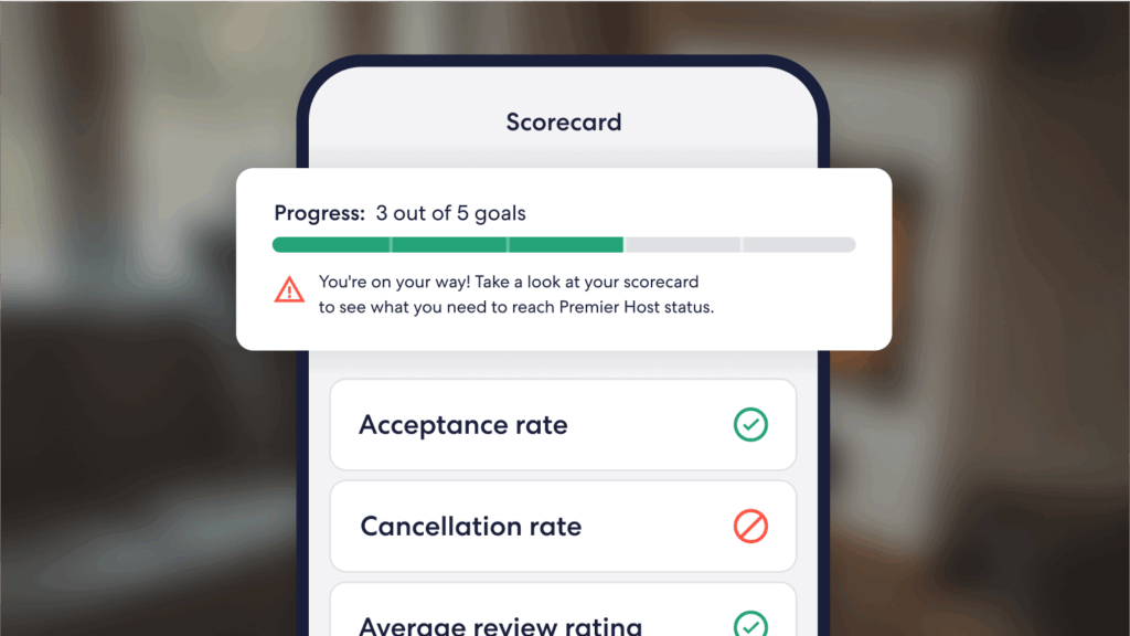 Mobile interface showing Vrbo’s Premier Host scorecard. A progress bar at the top indicates “3 out of 5 goals” completed. A warning message below encourages hosts to review their scorecard to meet Premier Host requirements. Individual performance indicators for acceptance rate (checked), cancellation rate (crossed), and average review rating (checked) are visible.
