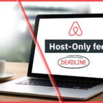Laptop screen displaying the Airbnb logo and the words “Host-Only fee” with “Deadline” circled below, emphasizing urgency. A coffee cup sits beside the laptop on a wooden desk.