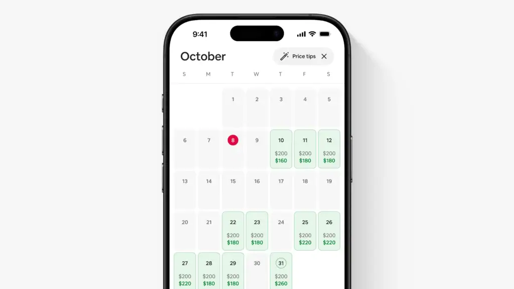 Airbnb’s October 2025 Host Upgrades: New Tools for Pricing, Cancellations, and Payout Visibility 1 A screenshot of Airbnb’s calendar view showing nightly rates with green price tips beneath each date, helping hosts adjust pricing based on demand and nearby listings.