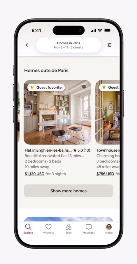 Airbnb’s New Social Features Reveal a Plan to Link People, Places, and Possibilities 4 Airbnb app screen suggesting homes near Paris, showing photos, prices, distance, and “Guest favorite” labels.
