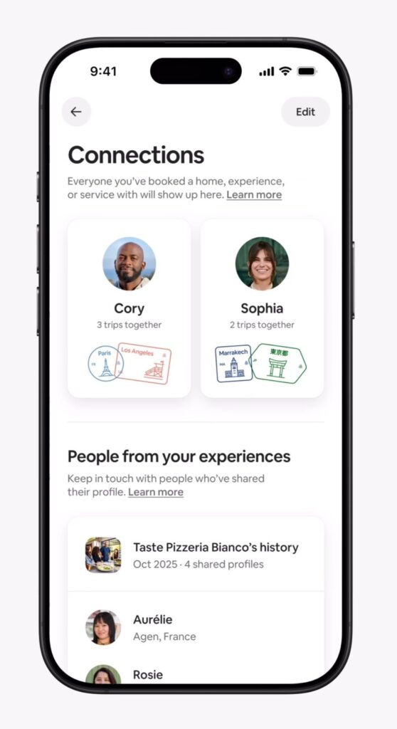 Airbnb’s New Social Features Reveal a Plan to Link People, Places, and Possibilities 2 Airbnb app screen showing the “Connections” section, where users can view people they’ve booked trips with. Two users, Cory and Sophia, are listed with the number of shared trips and destination stamps.