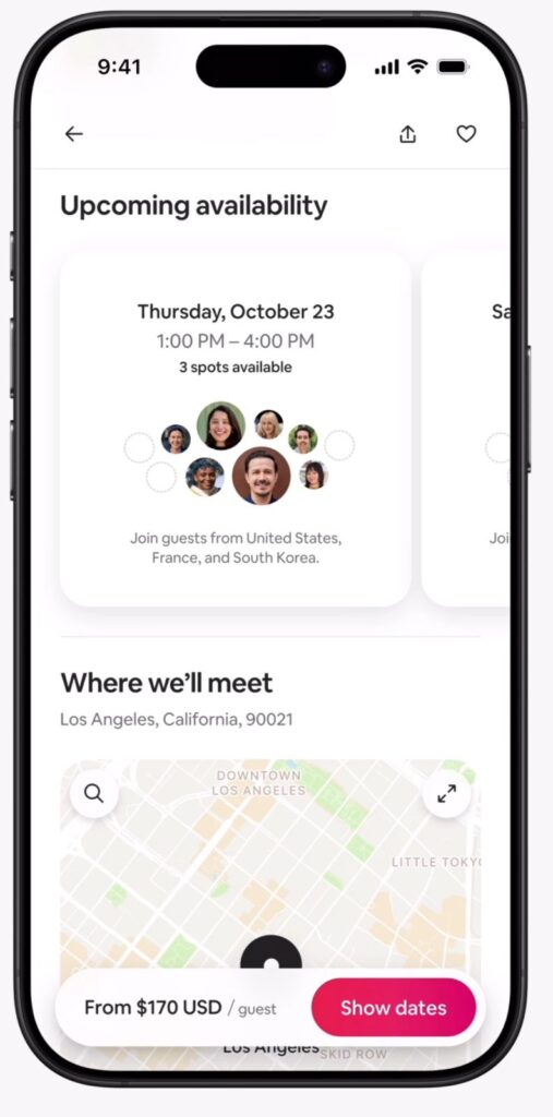 Airbnb’s New Social Features Reveal a Plan to Link People, Places, and Possibilities 1 Airbnb app screen showing upcoming availability for an Experience on October 23. It displays guest profile photos from different countries and the location of the event in Los Angeles.