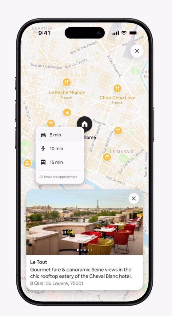 Airbnb’s New Social Features Reveal a Plan to Link People, Places, and Possibilities 5 Airbnb app screen with a map view highlighting nearby restaurants and a travel time widget (car, walk, public transport) from the Airbnb home location.