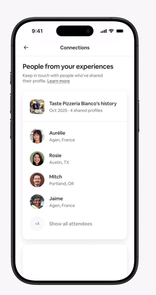 Airbnb’s New Social Features Reveal a Plan to Link People, Places, and Possibilities 3 Airbnb app screen listing people met during a past experience at Taste Pizzeria Bianco, with profile pictures and locations.
