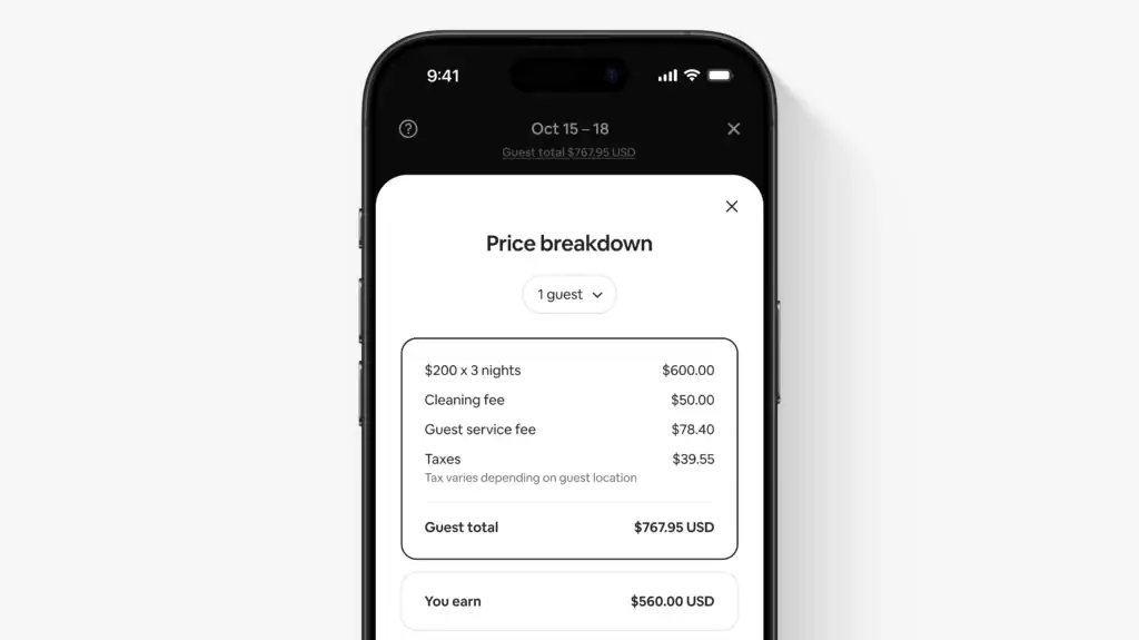 Airbnb’s October 2025 Host Upgrades: New Tools for Pricing, Cancellations, and Payout Visibility 2 A screenshot of Airbnb’s new trip price preview screen showing a detailed price breakdown, including nightly rate, cleaning fee, guest service fee, taxes, total guest payment, and host earnings.