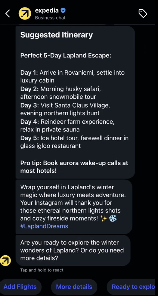 From Reel to Reality: How Expedia Using AI to Turn Instagram Inspiration into Bookable Trips 1 Screenshot showing Expedia’s chat interface presenting a suggested 5-day Lapland itinerary, including husky safaris, Santa Claus Village, and Northern Lights hunts.