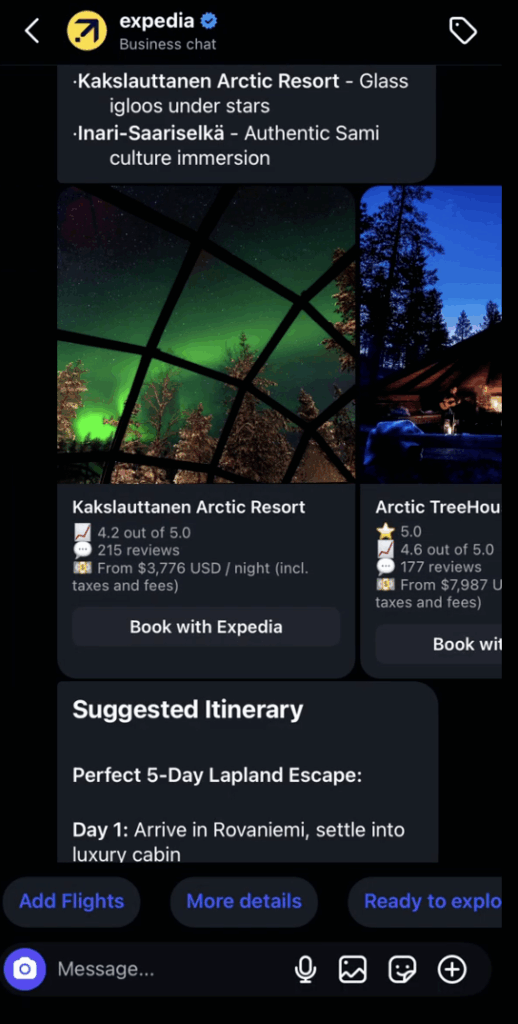 From Reel to Reality: How Expedia Using AI to Turn Instagram Inspiration into Bookable Trips 3 Screenshot of Expedia’s Instagram chat showing AI-recommended hotels in Lapland, including Kaksluutanen Arctic Resort and Arctic TreeHouse Hotel, with real-time prices and “Book with Expedia” buttons displayed.