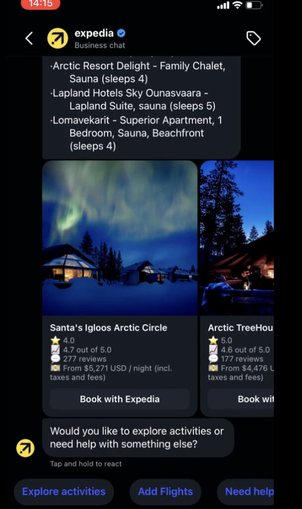 From Reel to Reality: How Expedia Using AI to Turn Instagram Inspiration into Bookable Trips 5 Screenshot of Expedia’s AI chat on Instagram suggesting family stays in Lapland, including Santa’s Igloos Arctic Circle and Arctic TreeHouse Hotel, each with photos, prices, reviews, and “Book with Expedia” buttons displayed directly in chat.
