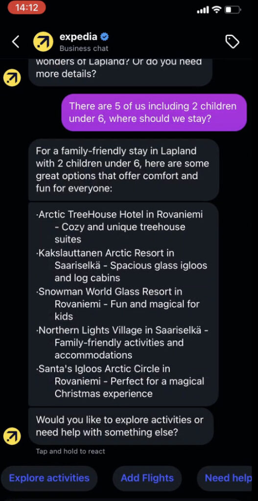 From Reel to Reality: How Expedia Using AI to Turn Instagram Inspiration into Bookable Trips 4 Screenshot of a user chatting with Expedia’s AI on Instagram, asking for family-friendly stays in Lapland. The AI lists detailed hotel options, including glass igloos, lodges, and Arctic resorts.