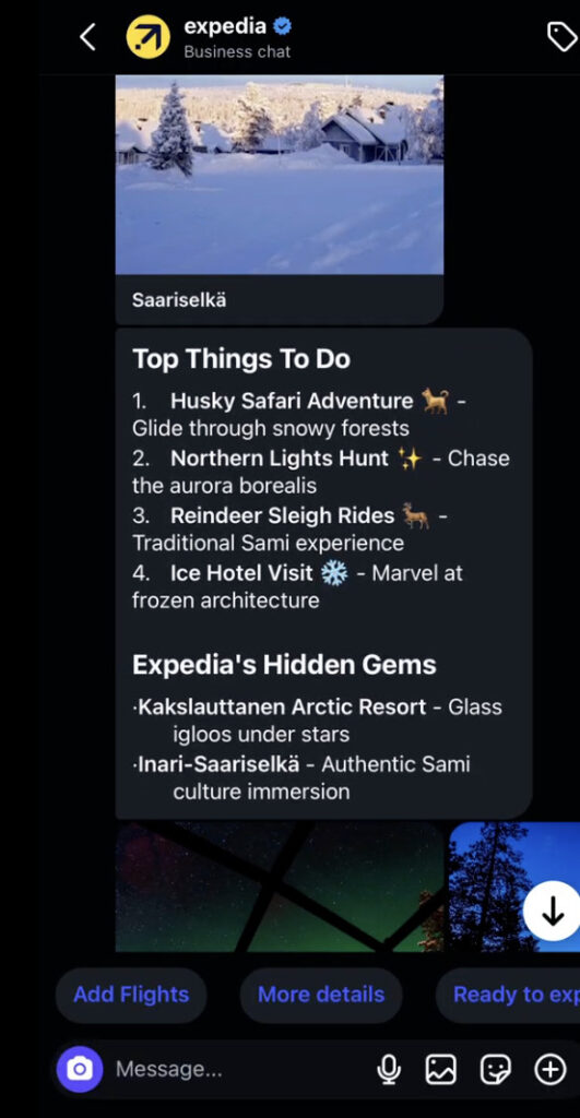 From Reel to Reality: How Expedia Using AI to Turn Instagram Inspiration into Bookable Trips 2 Screenshot highlighting Expedia’s AI-generated travel recommendations under “Expedia’s Hidden Gems,” featuring unique Lapland destinations like glass igloos and authentic Sami culture experiences.