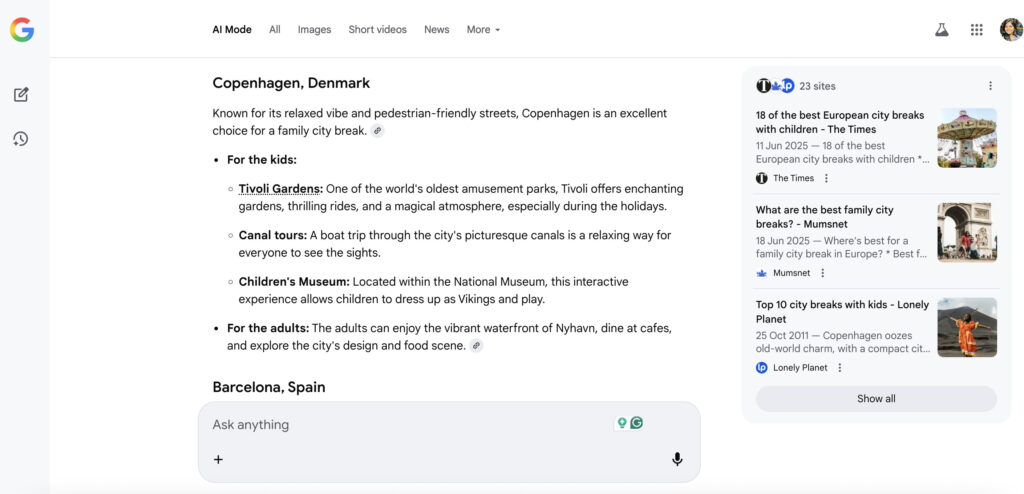 Google’s New AI Mode Could Rewrite How Guests Discover and Plan Trips 2 Google AI-generated travel suggestions for a family trip to Copenhagen, Denmark, highlighting Tivoli Gardens, canal tours, and the Children’s Museum for kids, along with Nyhavn dining for adults.