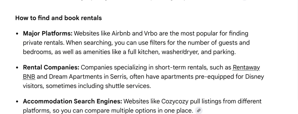 Google’s New AI Mode Could Rewrite How Guests Discover and Plan Trips 4 Screenshot showing Google AI Mode explaining how to find and book vacation rentals via platforms like Airbnb and Vrbo, as well as rental companies and search engines like Cozycozy.