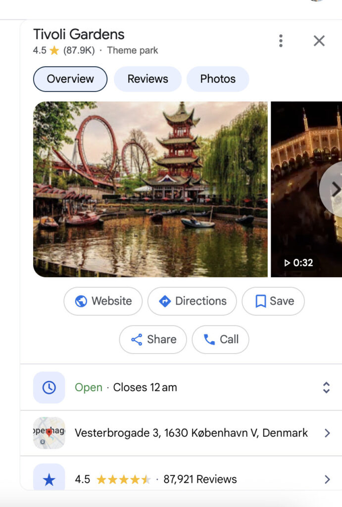 Google’s New AI Mode Could Rewrite How Guests Discover and Plan Trips 3 Google Maps listing for Tivoli Gardens in Copenhagen, showing a 4.5-star rating, theme park category, address, contact options, and opening hours.
