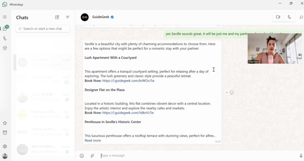 AI Trip Planning on WhatsApp: What the Shift Means for Property Managers 4 A WhatsApp chat with GuideGeek showing AI-generated accommodation suggestions for stay in Seville. The chat lists options such as “Lush Apartment With a Courtyard,” “Designer Flat on the Plaza,” and “Penthouse in Seville’s Historic Center,” each with a short description and booking link.