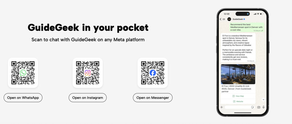 AI Trip Planning on WhatsApp: What the Shift Means for Property Managers 2 GuideGeek promotional image showing QR codes to chat on WhatsApp, Instagram, and Facebook Messenger, alongside a smartphone screen displaying a WhatsApp conversation where the AI recommends a Mediterranean restaurant in Denver called “El Five.”