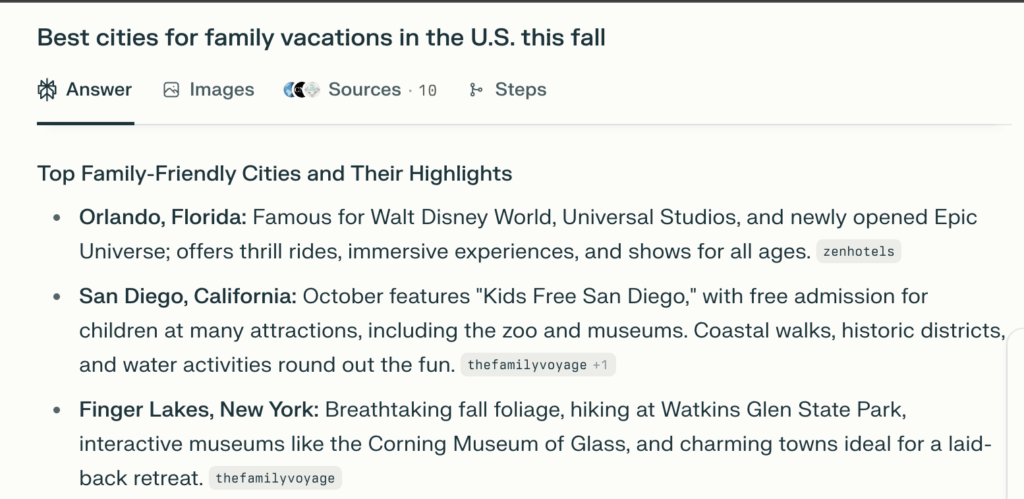 Perplexity Best cities for family vacations in the U.S. this fall