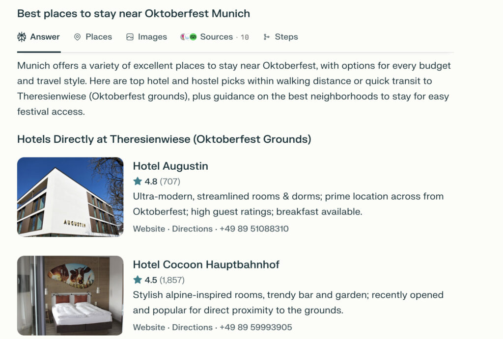 Perplexity Travel’s answer for “Best places to stay near Oktoberfest Munich.” The results highlight hotels near the Theresienwiese festival grounds, including Hotel Augustin and Hotel Cocoon Hauptbahnhof, each with ratings, descriptions, contact info, and direct links for website and directions.
