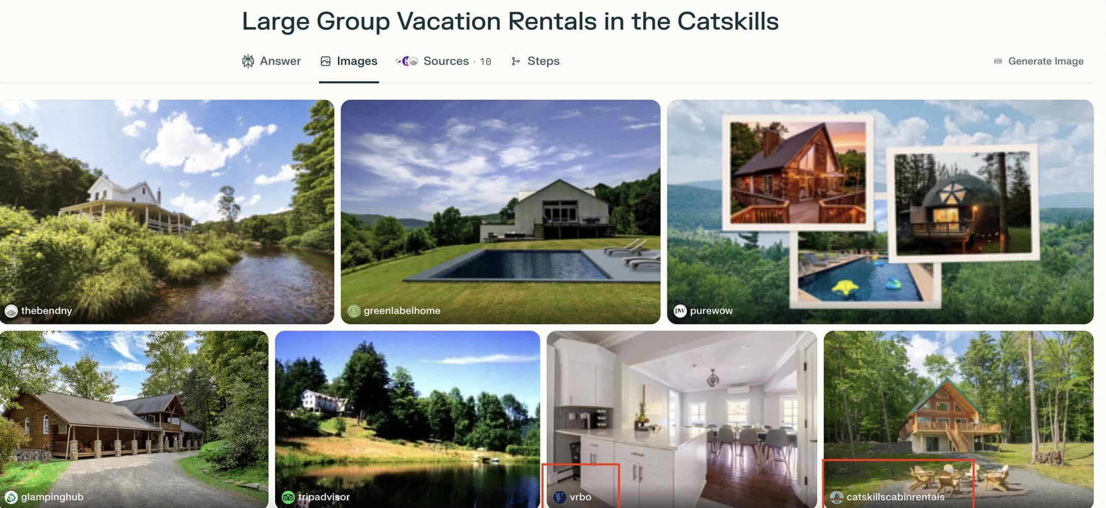 Perplexity Travel results for “Large Group Vacation Rentals in the Catskills.” The image gallery features listings from platforms and sources like The Bend NY, Green Label Home, Glamping Hub, Tripadvisor, Vrbo, PureWow, and CatskillsCabinRentals.com. Listings show a variety of accommodations including cabins, modern homes with pools, and rustic lodges.