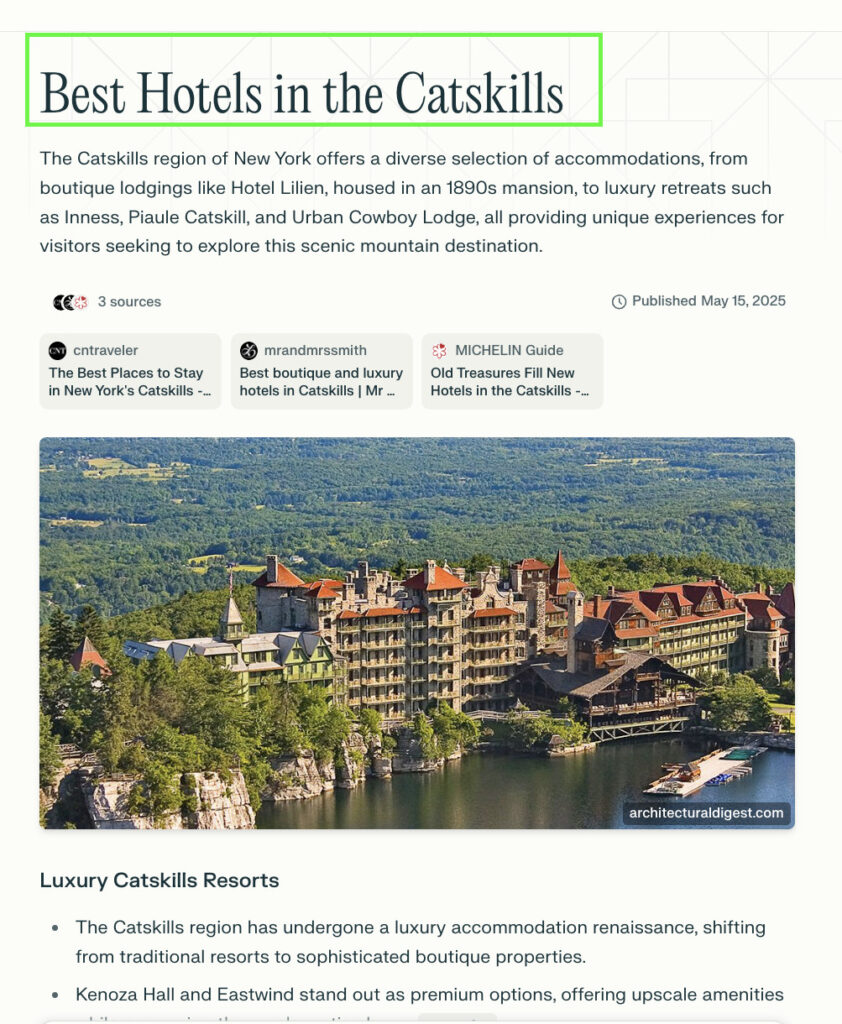  Perplexity Travel results page titled “Best Hotels in the Catskills.” The page includes a summary highlighting boutique and luxury accommodations like Hotel Lilien, Inness, Piaule Catskill, and Urban Cowboy Lodge. Sources such as Condé Nast Traveler and the MICHELIN Guide are cited. A large featured image shows a scenic luxury resort by a lake, sourced from Architectural Digest.
