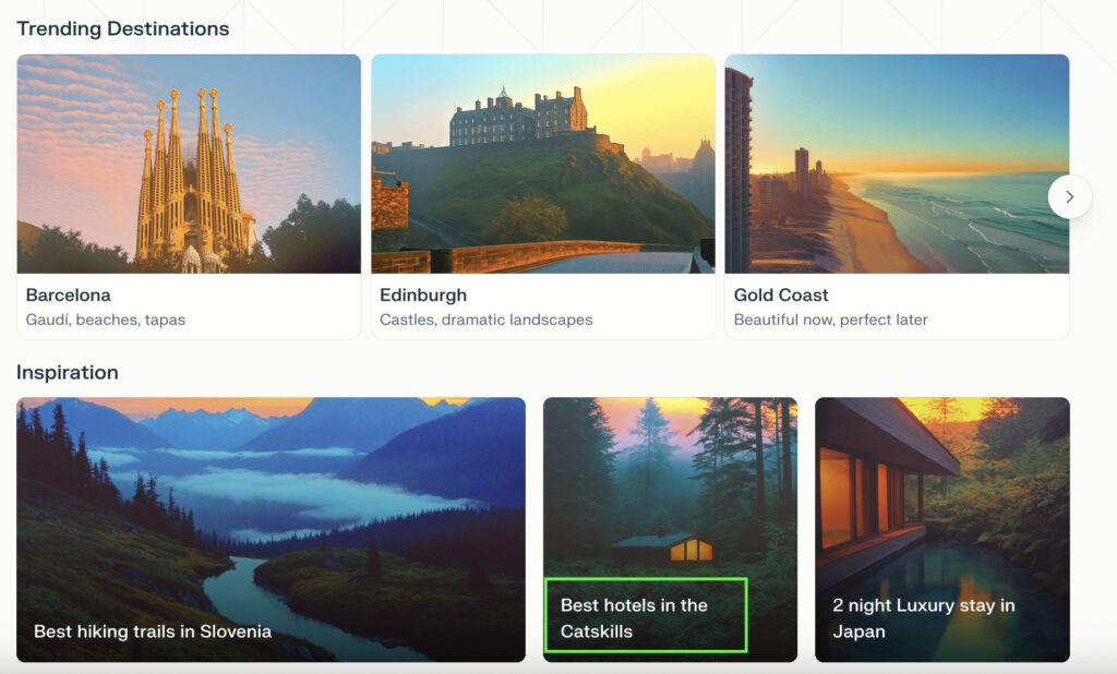 Screenshot of Perplexity Travel’s homepage, displaying trending destination cards for Barcelona, Edinburgh, and Gold Coast, and inspiration cards like “Best Hotels in the Catskills” and “2 Night Luxury Stay in Japan.”

