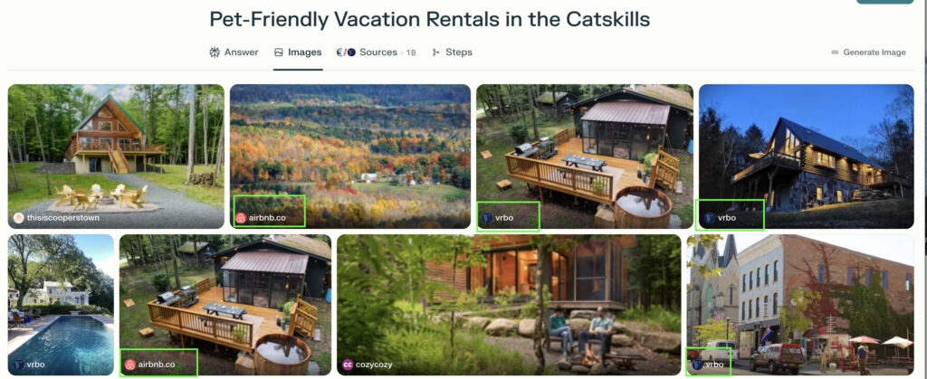 Perplexity Travel results for “Pet-Friendly Vacation Rentals in the Catskills.” The grid-style layout includes listings from Airbnb, Vrbo, ThisIsCooperstown, and Cozycozy. Multiple entries are tagged with platform logos, especially Vrbo and Airbnb, alongside autumn landscapes and cozy cabin images.
