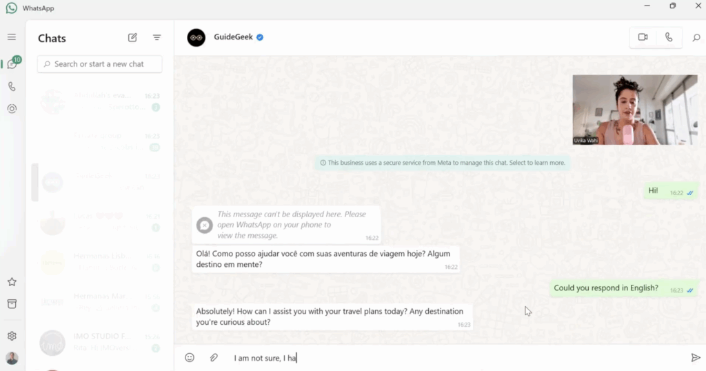 AI Trip Planning on WhatsApp: What the Shift Means for Property Managers 3 WhatsApp chat with GuideGeek showing automatic Portuguese response and language switch to English when prompted.