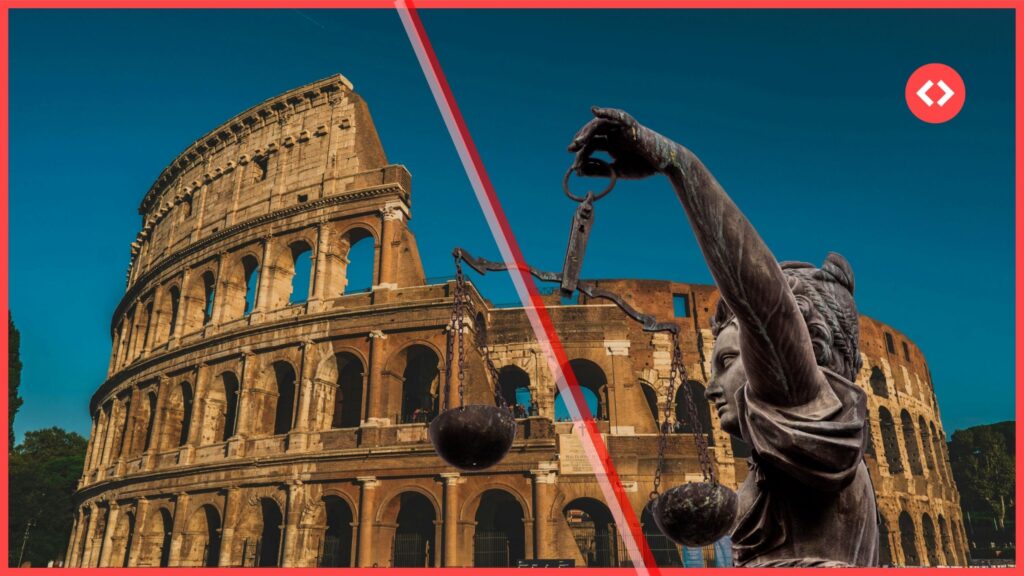 Statue of Justice holding scales in front of the Colosseum, representing the Italy short-term rental tax 2026 proposal and the political debate it sparked.
