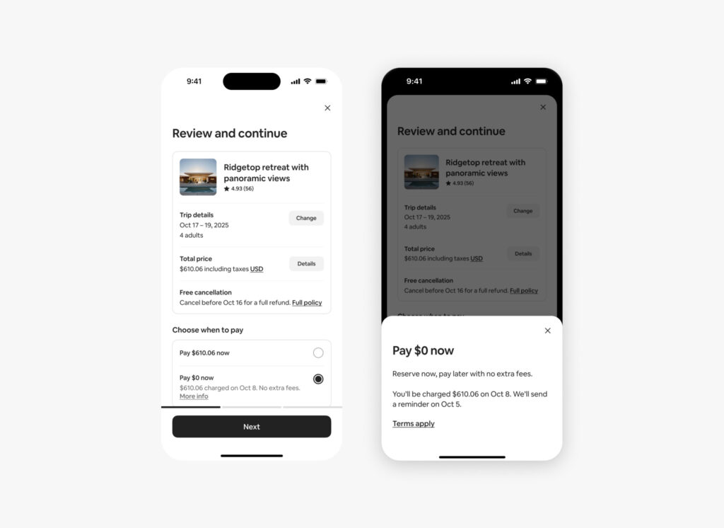 A mobile screenshot of Airbnb’s checkout flow showing the new “Reserve now, pay later” option. The screen displays a listing summary, trip details, full price, free-cancellation window, and a payment section where guests can choose to pay the full amount now or pay $0 now and be charged later.
