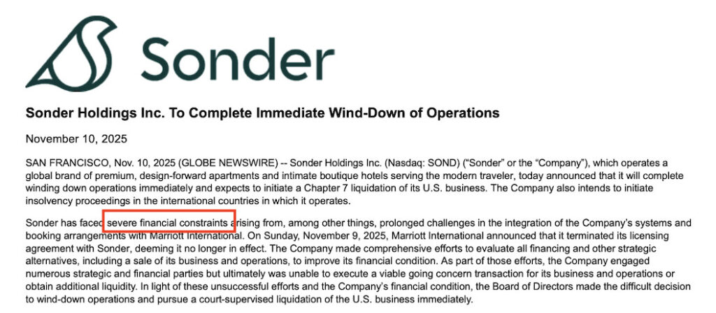 Sonder Shutdown: A Sudden End to a High-Profile Hospitality Experiment 1 Sonder’s official November 10, 2025 investor notice announcing the “Immediate Wind-Down of Operations.” The document states Sonder is facing “severe financial constraints” and will enter Chapter 7 liquidation in the U.S. while beginning insolvency proceedings internationally.