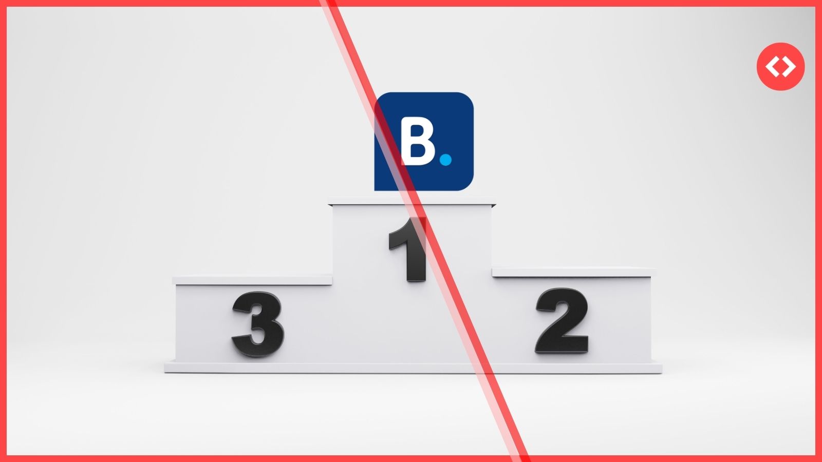 Booking.com logo on a winner’s podium, ranked above Airbnb and Vrbo
