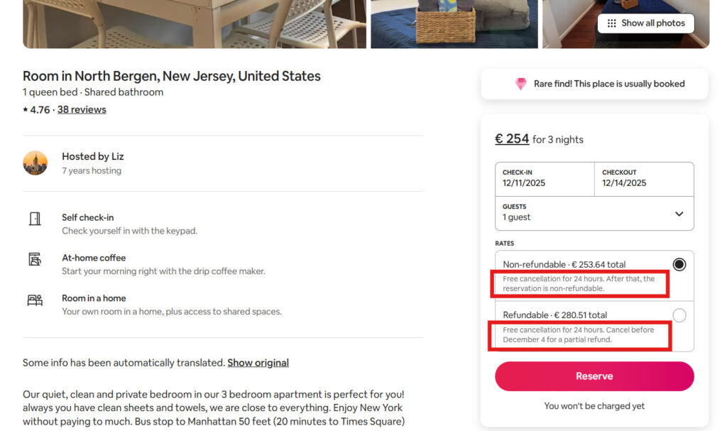 Screenshot of an Airbnb listing showing new 24-hour free cancellation grace period options for both refundable and non-refundable bookings.