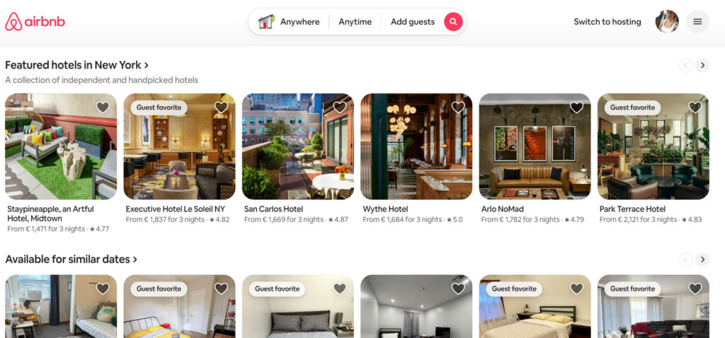 Airbnb’s Hotel Pilot Explained: What It Is, Why It Matters, and What to Watch 1 Screenshot of Airbnb’s homepage displaying a “Featured hotels in New York” carousel with listings such as Staypineapple, Executive Hotel Le Soleil NY, Wythe Hotel, Arlo NoMad, and Park Terrace Hotel, each showing nightly rates and ratings.