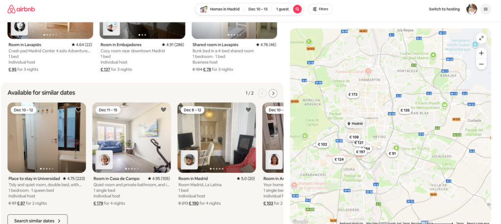 Airbnb Is Borrowing from Booking.com’s Playbook, but Only Where It Fits 1 Airbnb search results in Madrid showing flexible carousel recommendations and map-based pricing, similar to Booking.com’s elastic search approach.