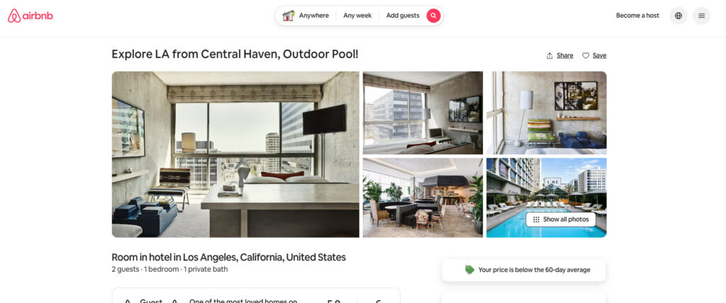 Airbnb’s Hotel Pilot Explained: What It Is, Why It Matters, and What to Watch 4 Screenshot of Airbnb hotel listing page in Los Angeles showing photos of a boutique hotel room, amenities, and outdoor pool.