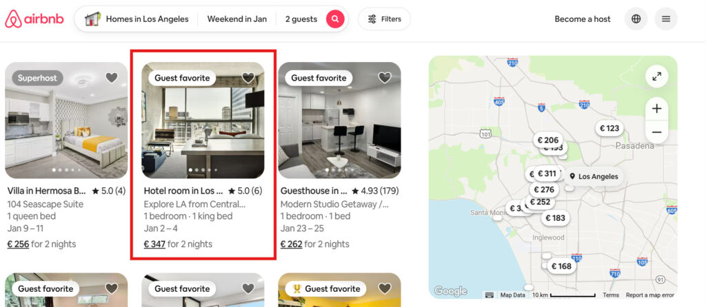 Airbnb’s Hotel Pilot Explained: What It Is, Why It Matters, and What to Watch 2 Screenshot of Airbnb search results in Los Angeles showing a hotel room listed alongside homes and guesthouses.