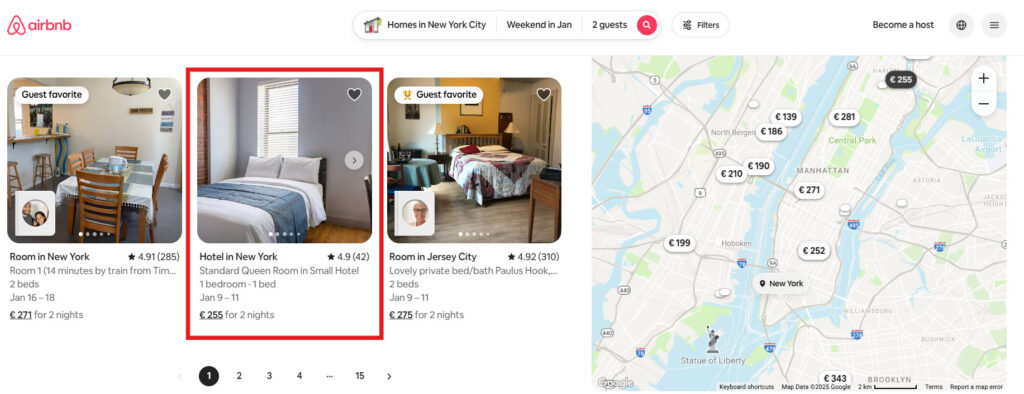Airbnb’s Hotel Pilot Explained: What It Is, Why It Matters, and What to Watch 3 Screenshot of Airbnb search results in New York showing a hotel listing displayed next to private room rentals on the platform map view.