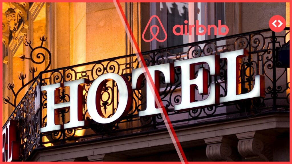 Airbnb hotels concept image showing the Airbnb logo over a traditional hotel sign, symbolizing Airbnb’s expansion into hotel listings.