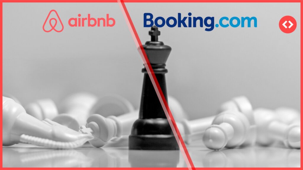 Airbnb and Booking.com comparison banner with chess imagery symbolizing strategic differences between the two travel platforms.