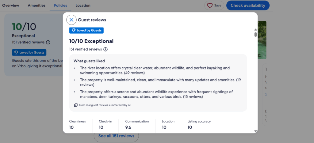 New Vrbo Updates Show It’s Making Reliability Its Core Identity 5 Screenshot of Vrbo property page showing AI-generated guest review summary with sub-ratings for cleanliness, check-in, communication, and accuracy, part of Vrbo’s new AI-powered review insights.