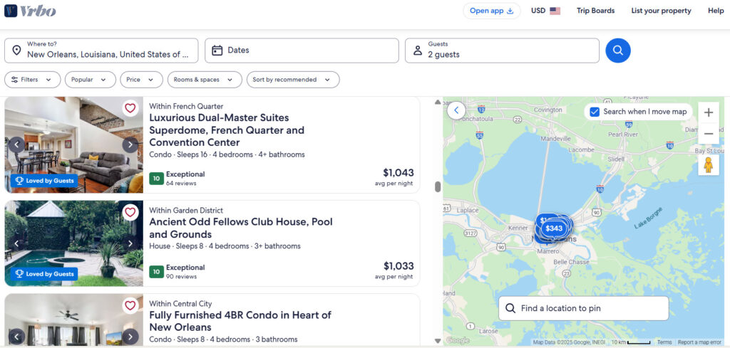 New Vrbo Updates Show It’s Making Reliability Its Core Identity 2 Screenshot of Vrbo search results showing multiple listings in New Orleans with the blue “Loved by Guests” badge and exceptional ratings, illustrating Vrbo’s new guest-sentiment visibility feature.