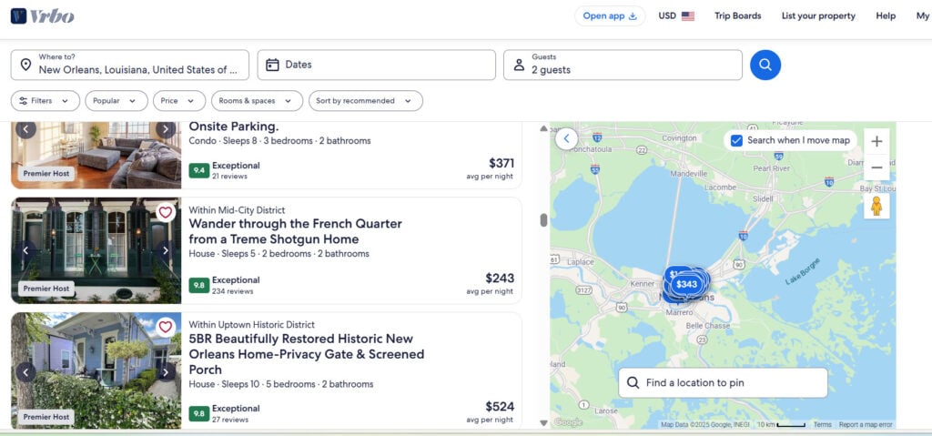 New Vrbo Updates Show It’s Making Reliability Its Core Identity 3 Screenshot of Vrbo search results showing multiple New Orleans listings with the blue Premier Host badge, demonstrating how Vrbo now highlights high-performing hosts in search and allows filtering by the badge.