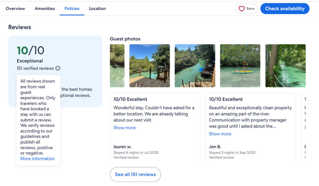 New Vrbo Updates Show It’s Making Reliability Its Core Identity 4 Screenshot of Vrbo property review section showing verified reviews, 10/10 rating, and guest-uploaded photos illustrating Vrbo’s new trust and transparency features.