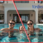 A family enjoying a villa pool, representing Vrbo’s focus on reliability and trust with its new VrboCare and Loved by Guests updates.