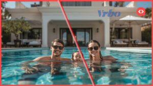 A family enjoying a villa pool, representing Vrbo’s focus on reliability and trust with its new VrboCare and Loved by Guests updates.