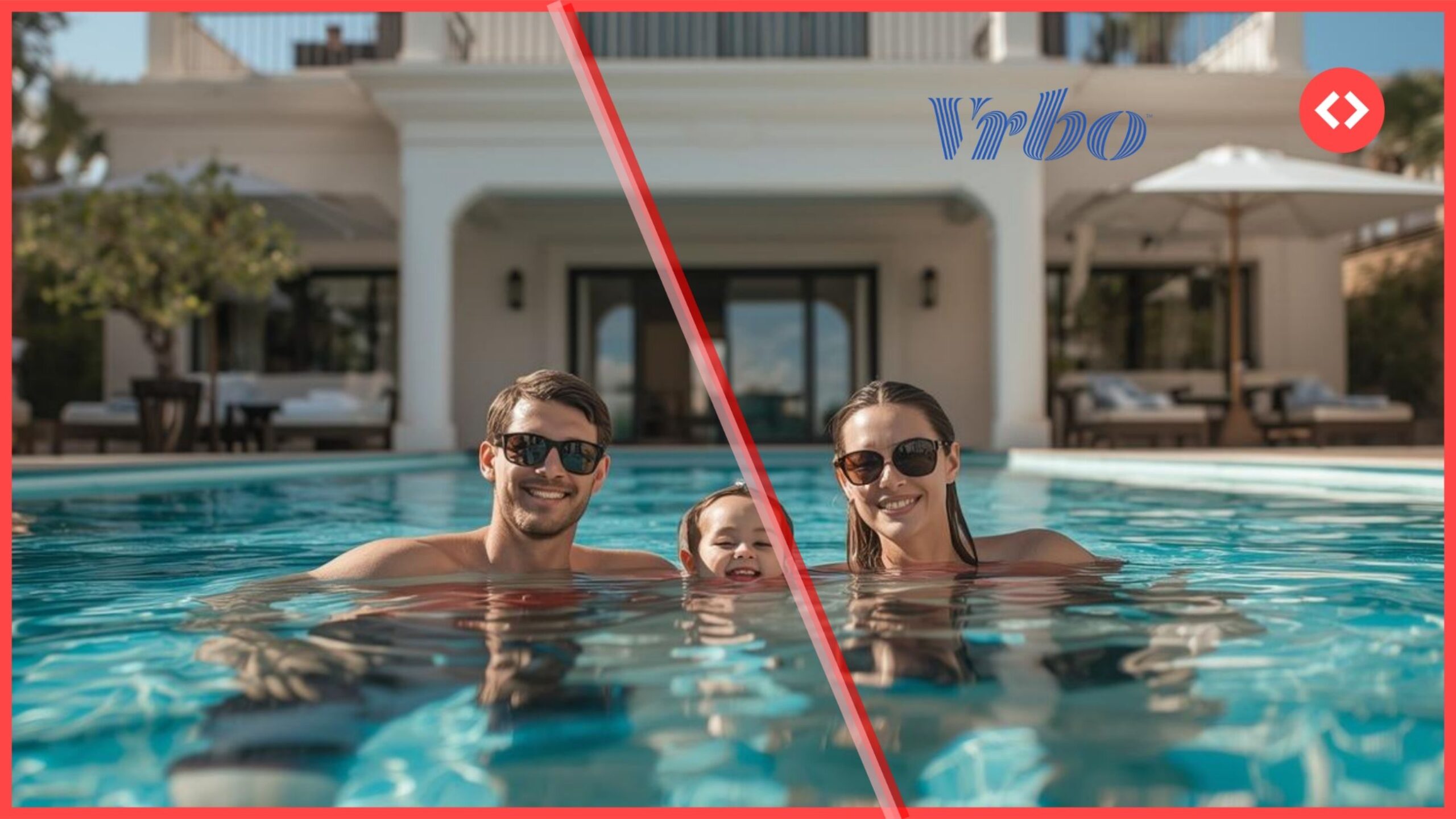 A family enjoying a villa pool, representing Vrbo’s focus on reliability and trust with its new VrboCare and Loved by Guests updates.
