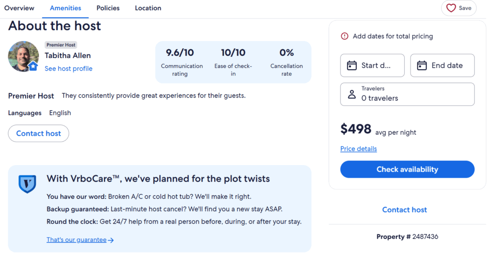 New Vrbo Updates Show It’s Making Reliability Its Core Identity 1 Screenshot of Vrbo listing showing Premier Host badge, host ratings, and VrboCare guarantee box promising reliability, rebooking assistance, and 24/7 support.