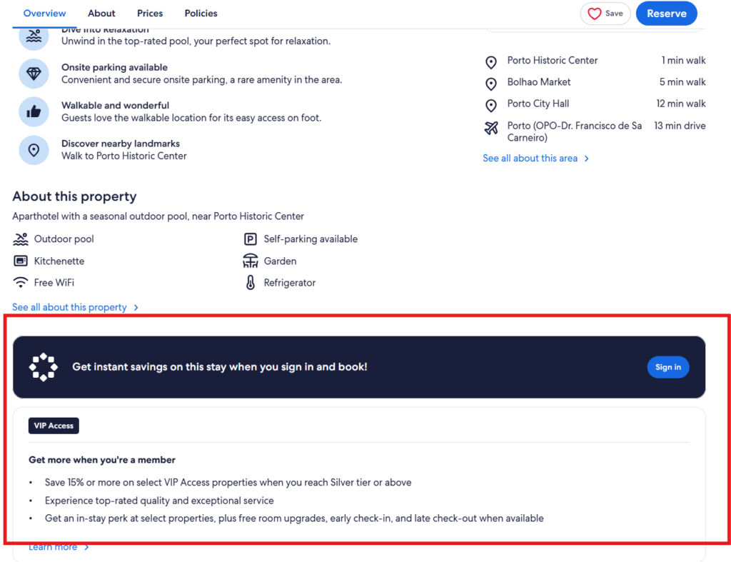 Expedia listing page showing VIP Access perks for members, including savings of 15% or more, room upgrades, and early check-in offers for logged-in users.
