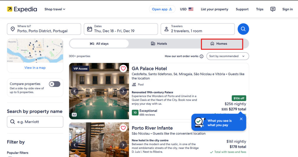 Search results for homes on Expedia showing Vrbo vacation rentals alongside hotels, with options to compare properties and filter by VIP Access.
