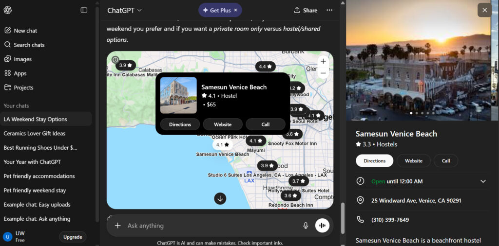 ChatGPT showing a map-based search for weekend stays in Los Angeles, with a highlighted listing for Samesun Venice Beach hostel showing a rating discrepancy between the map and detailed view.